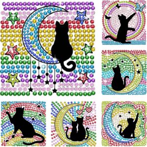 ORIGACH 6 Pcs Cat and Moon Window Suncatcher Gem Art Craft Kits for Beginner DIY Suncatcher Stickers Set Window Gem Art Kits Diamond Drawing Shining Arts Crafts Supply Birthday Gift