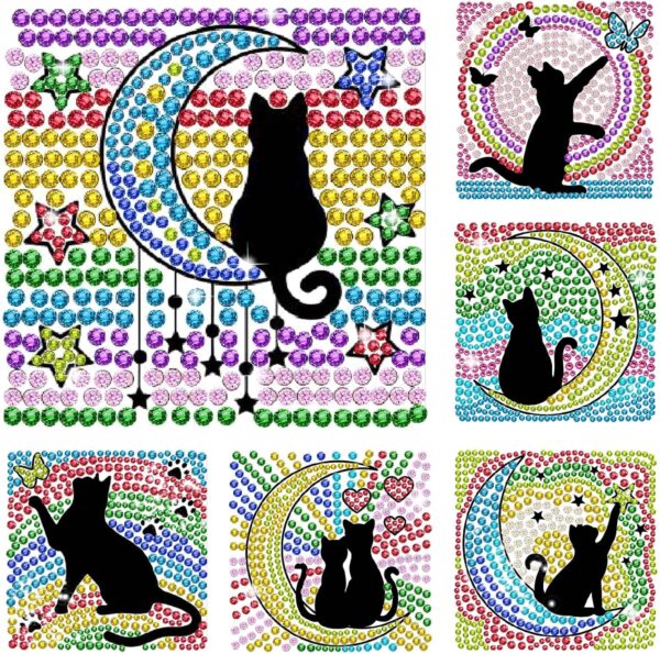 ORIGACH 6 Pcs Cat and Moon Window Suncatcher Gem Art Craft Kits for Beginner DIY Suncatcher Stickers Set Window Gem Art Kits Diamond Drawing Shining Arts Crafts Supply Birthday Gift