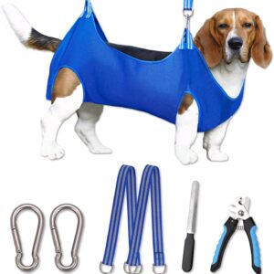 OVTEXZOG Dog Grooming Hammock Harness, Dog Sling for Nail Clipping/Trimming,Pet Grooming Restraint Bag with Nail Clippers Trimmer,Dog Grooming Supplies Kit for Claw Care (Large 56LB Max/Blue)