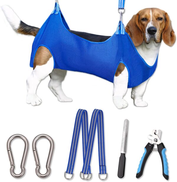 OVTEXZOG Dog Grooming Hammock Harness, Dog Sling for Nail Clipping/Trimming,Pet Grooming Restraint Bag with Nail Clippers Trimmer,Dog Grooming Supplies Kit for Claw Care (Large 56LB Max/Blue)