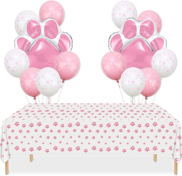 PIXHOTUL Dog Party Decorations - 3Pcs Pink Puppy Paw Tablecloths, 14Pcs Dog Paw Foil Balloons Paw Pattern Disposable Table Cover for Dog Cat Themed Birthday Party Supplies