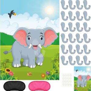 PLULON Pin the Nose on the Elephant Party Game with 24Pcs Elephant Nose Stickers for Kids Birthday Party Supplies, Animal Party Carnival Party Supplies