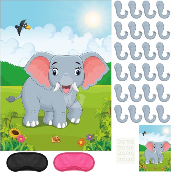 PLULON Pin the Nose on the Elephant Party Game with 24Pcs Elephant Nose Stickers for Kids Birthday Party Supplies, Animal Party Carnival Party Supplies