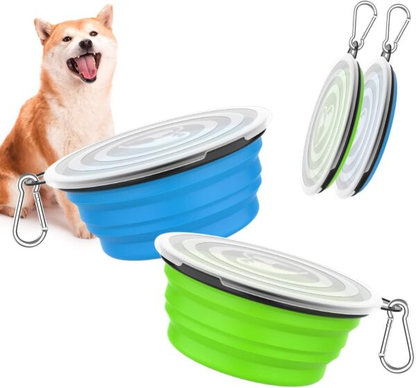 Pawaboo Collapsible Dog Bowls 2 Pack, Silicone Feeding Watering Bowls with Lids & Carabiners for Dogs Cats, Portable Collapsable Water Feeder Food Bowl for Walking Traveling Home Use, Blue + Green