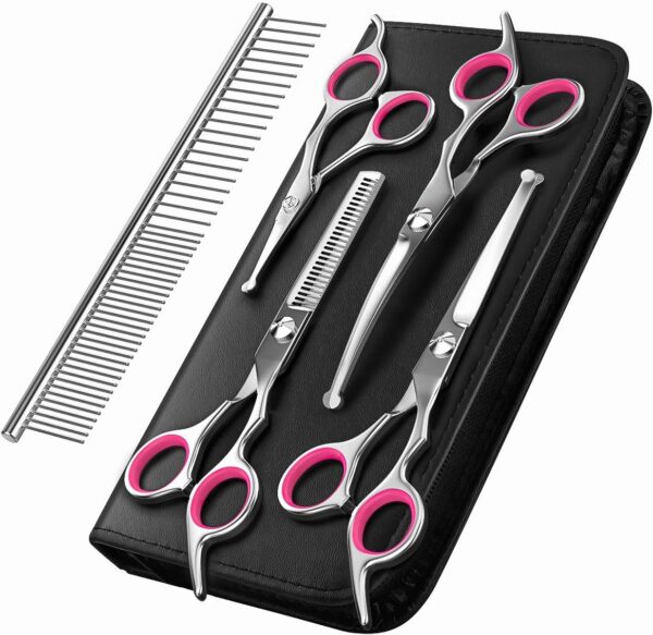 Pawaboo Dog Grooming Scissors 5 Pack, Dog Grooming Kit Stainless Steel Titanium Coated Dog Scissors Dog Grooming Scissors Set, Straight/Curved Shears & Comb with Case for Small Large Pet Dog Cat, Pink