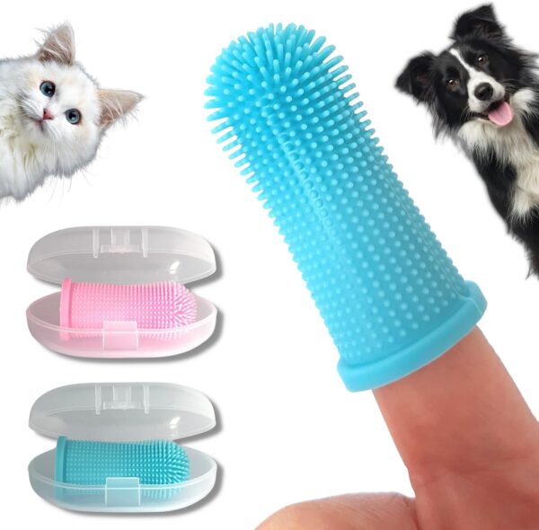 PawsOnlyUK Dog Finger Toothbrush | Set of 2 | Toothbrush & Storage Case | Nontoxic Silicone | Teeth Cleaning Breath Dental Care Plaque Off | Dog Cat Puppy Toothbrush (Blue + Pink)