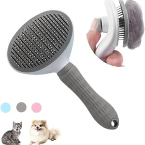 Pet Brush Cat Brush Dog Brush Pet Grooming Brush Self Cleaning Deshredding Tool with Non Slip Handle (GREY)