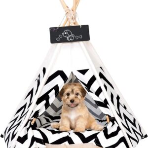 Pet Teepee Tents 60x60x70cm Dogs & Cats Bed Pet Play House Luxery Dog Tents with Thick Cushion & Blackboard Removable and Washable Dog Teepee Bed Indoor Easy Assemble