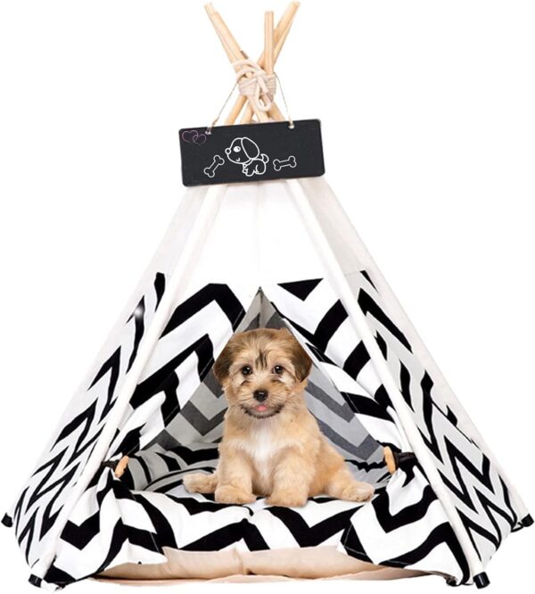 Pet Teepee Tents 60x60x70cm Dogs & Cats Bed Pet Play House Luxery Dog Tents with Thick Cushion & Blackboard Removable and Washable Dog Teepee Bed Indoor Easy Assemble