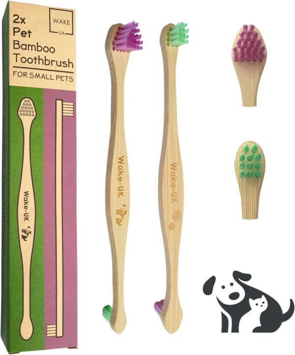 Pet Toothbrush for Dogs Cats & Small Pets, Pack of 2 Double Head Bamboo, Soft Teeth Cleaning Products, Organic Dental Care, Remove Plaque Off, Dog Breath Freshener, Eco Friendly Bamboo Dog Toothbrush