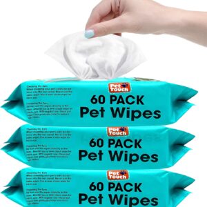 Pet Touch X 60 Pack All Purpose PET WIPES for daily Cleaning of your Dogs and Cats Deodorizing ALCOHOL FREE and WET Moist Dog Paw Cleaner & Dog Ear Cleaner Wipes Pack (180 Wipes)