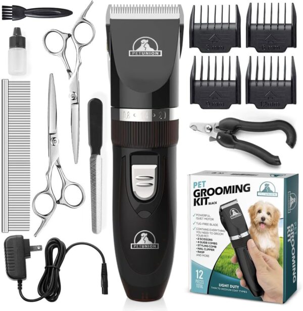 Pet Union Professional Dog Grooming Kit - Rechargeable, Cordless Pet Grooming Clippers & Dog Grooming Accessories, Low Noise & Suitable Dog Clippers, Cat Clippers and for Other Pets (Black)