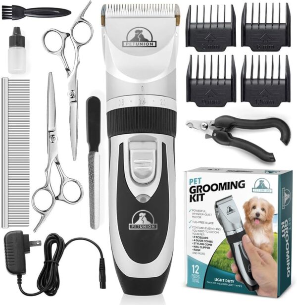 Pet UnionProfessional Dog Grooming Kit - Cordless Low Noise Dog Clippers for Grooming Thick Coats - All Pet Safe Cat Hair Trimmer - Pet Grooming Kit Includes Dog Hair Clippers, Nail Trimmer & Shears