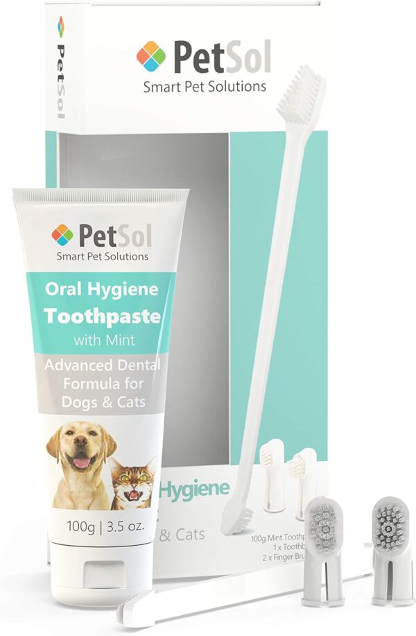 PetSol Dental Care Kit for Dogs & Cats Toothpaste (100g) with 3 x Pet Toothbrushes to Clean Pet's Teeth, Remove Plaque and Tartar, Improve Gum, Tooth Health & Pet Oral Hygiene