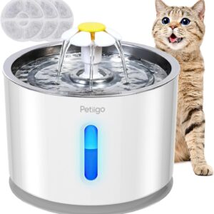 Petiigo Cat Water Fountain, Stainless Steel Fountain 2.4 L Pet Dog Dispenser for Cats Dogs with LED Indicator Light & 3 Activated Carbon Filters