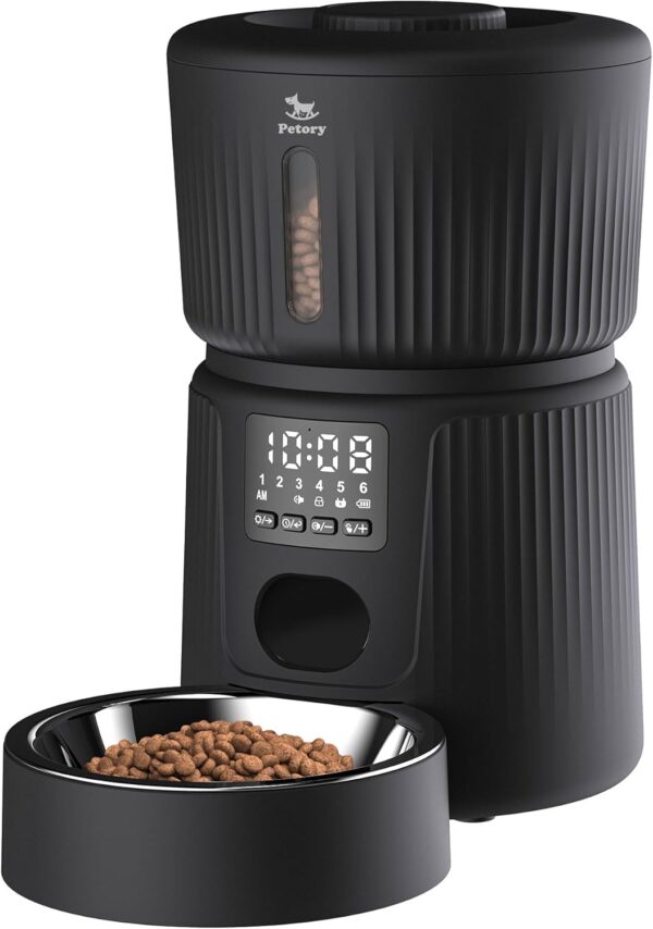 Petory Automatic Cat Feeder - 6 Meals Automatic Cat Food Dispenser with Slow Feeding for Cats and Small Dogs, Dual Power Supply Including Desiccant Bag