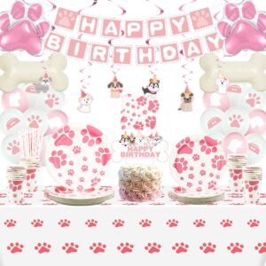 Pink Dog Birthday Party Supplies, Dog Paw Prints Decorations Including Happy Birthday Banner, Balloons, Plates, Tablecloth, Cups, Napkins for Girl Puppy Theme Birthday Party Serves 20 Guests