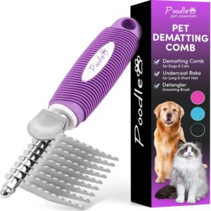 Poodle Pet Dematting Fur Rake Comb Brush Tool with Long 2.5” Steel Safety Blades for Detangling Matted or Knotted Undercoat Hair, Safe Grooming Accessories for Dogs, Longhaired Cats, Rabbits, Horses