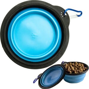 Portable Dog & Cat Bowl COLLAPSIBLE Dog Bowl Travel Dog Bowl with Clip Dog Camping Accessories Outdoor Feeding & Watering Supplies for Dogs Cats Foldable (Blue, Round)