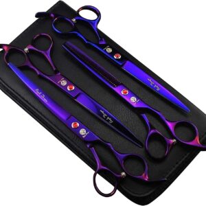 Professional 7.0 inch 4PCS Pet Grooming Scissors Kit Japan Premium Steel Straight & Curved & Thinning Blade Dog Hair Cutting Shears Set with Case,Purple