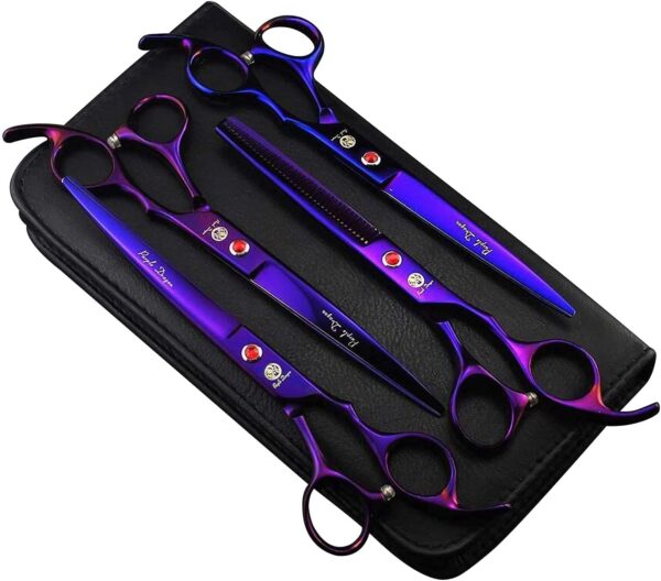 Professional 7.0 inch 4PCS Pet Grooming Scissors Kit Japan Premium Steel Straight & Curved & Thinning Blade Dog Hair Cutting Shears Set with Case,Purple