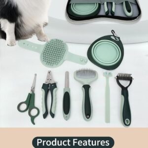 Professional 8 Piece Grooming Kit for Dogs or Cats-Pet Grooming Accessories Set with Fluffy Comb, Knotting Comb, Foldable Bowl, Nail Clippers, File, Forked toothbrush, Cosmetic Shears, Shower Puff