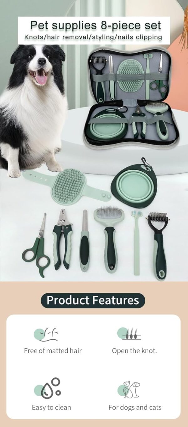 Professional 8 Piece Grooming Kit for Dogs or Cats-Pet Grooming Accessories Set with Fluffy Comb, Knotting Comb, Foldable Bowl, Nail Clippers, File, Forked toothbrush, Cosmetic Shears, Shower Puff