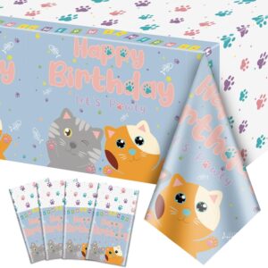 QUERICKY 4 Pack Cat Themed Happy Birthday Tablecloths, 220x130cm Kitten Cat Birthday Rectangle Table Covers for Kids Birthday Party Decorations, Kitten Theme Party Supplies