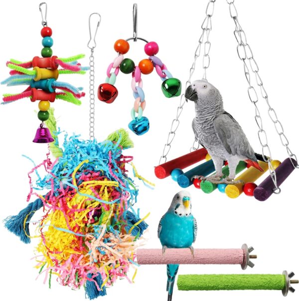 QUOZUO 6 pcs Bird Toys Swing Hanging Standing Chewing Toy, Bird Parakeet Toys Cage Accessories for Cockatiel, Parrot