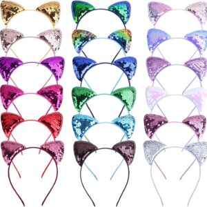 REQO 18 Pieces Cat Ears Headbands Set,Cute Glitter Cat Head Accessories, Flashing Girls Sequins Headdress Party Supplies For Night Clubs, Raves, Concert Party,Christmas,Halloween,Adults,Kids，child