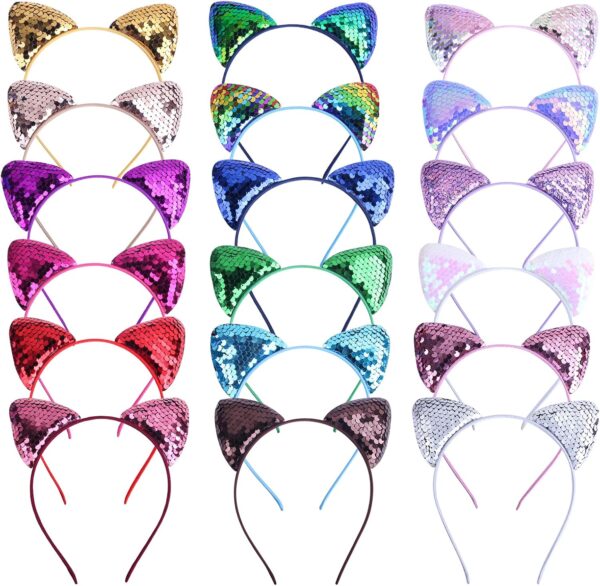 REQO 18 Pieces Cat Ears Headbands Set,Cute Glitter Cat Head Accessories, Flashing Girls Sequins Headdress Party Supplies For Night Clubs, Raves, Concert Party,Christmas,Halloween,Adults,Kids，child