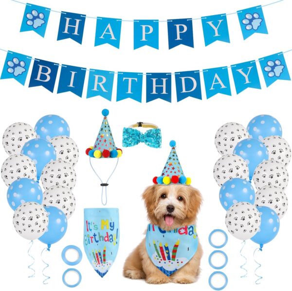 Radsocken Dog Birthday Party Supplies Dog Birthday Bandana Set, with Cute Doggie Birthday Hat Bandana Bow Tie Happy Birthday Banner Streamers Balloon, Birthday Party Decorations for Dog Cat Pets