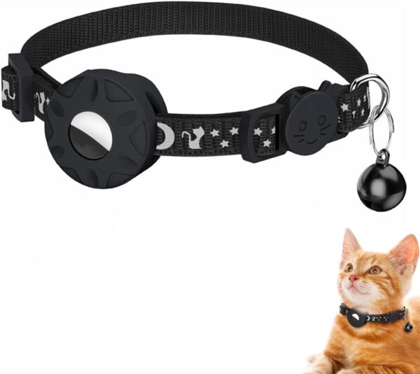 Reflective for AirTag Cat Collar,Waterproof with Safety Buckle & Bell,Holder for Apple AirTag,Adjustable 7.85''-12.95'' Kitten Collar for GPS Tracking,Pet Supplies for Safety & Tracking (Black)