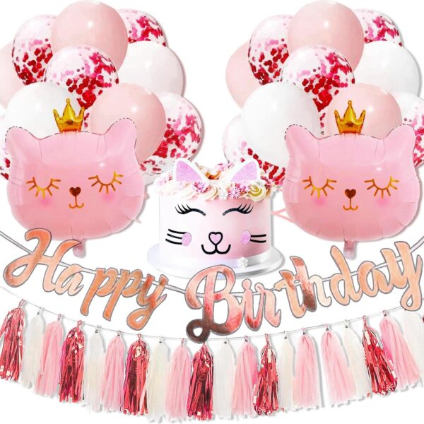 Roaring Good Time Cat Birthday Party Decoration Cat Balloons Cat Birthday MEOW Banner Meow Party Supplies Pink Cat Cake Decoration