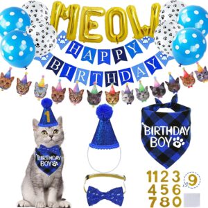 STMK Cat Birthday Party Supplies, Cat Birthday Hat Bandana Bow Tie Collar Birthday Number Cat Birthday Banner Garland MEOW Letter Balloons for Cat Kitten Birthday Outfits Decorations