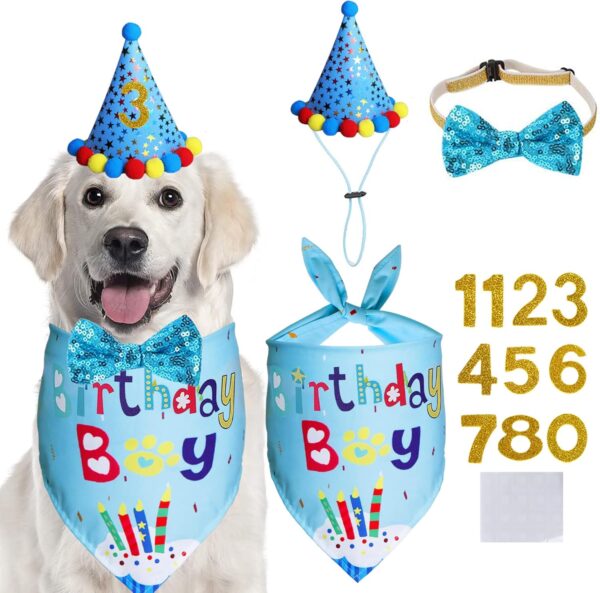 STMK Dog Birthday Party Supplies, Dog Birthday Bandana Boy and Dog Birthday Party Hat with Birthday Numbers Dog Bow Tie Collar for Small Medium Large Dogs