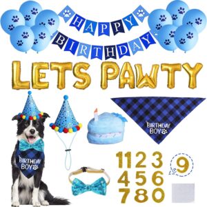 STMK Dog Birthday Party Supplies, Dog Birthday Bandana Boy with Birthday Party Number Hat Bowtie Cake Toy Lets Pawty Paw Balloons Dog Happy Birthday Banner for Dog Puppy Birthday Party Supplies,Blue