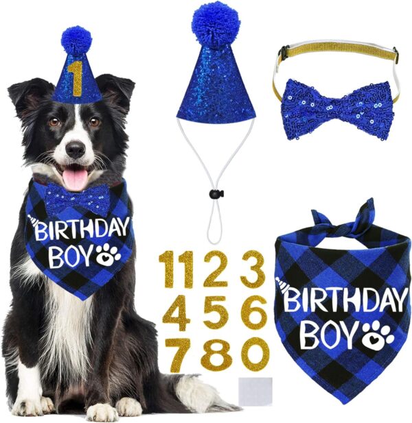 STMK Dog Birthday Party Supplies, Multi Size Dog Birthday Hat Dog Birthday Bandana Boy Bow Tie Birthday Numbers for Medium Large Dogs Pets (Large, Blue)