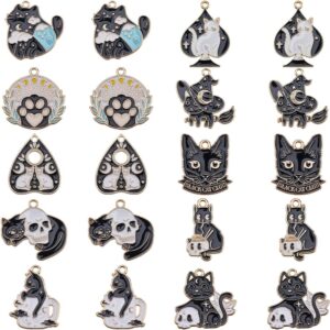 SUNNYCLUE 1 Box 20Pcs 10 Styles Gothic Cat Charms Black Kitty Charm Bulk Alloy Enamel Goth Pet Animal Cats Head Ouijas Magic Skull Tarot Halloween Charms for Jewellery Making Charm Necklace DIY Supply