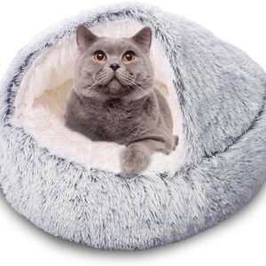 SUOXU Covered Cat Bed Small Dog Bed,Plush Donut Cuddler Nest Warm Soft Calming Dog Cat Nest Puppy Bed with Cozy Sponge Non-Slip Bottom for Under 7kg Small Pets Snooze Sleeping Indoor (Grey)