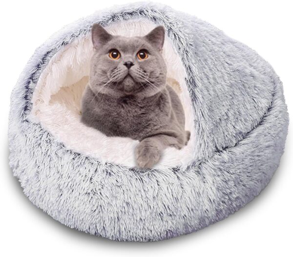 SUOXU Covered Cat Bed Small Dog Bed,Plush Donut Cuddler Nest Warm Soft Calming Dog Cat Nest Puppy Bed with Cozy Sponge Non-Slip Bottom for Under 7kg Small Pets Snooze Sleeping Indoor (Grey)