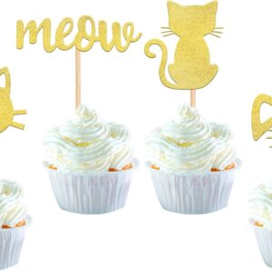 SYKYCTCY 24 Pack Cat and Meow Cupcake Toppers Black Glitter Kitten Cat Cupcake Food Picks Cat Lover Kitten Theme Baby Shower Kids Birthday Wedding Party Cake Decorations Supplies Gold