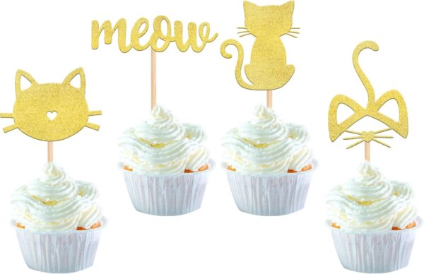 SYKYCTCY 24 Pack Cat and Meow Cupcake Toppers Black Glitter Kitten Cat Cupcake Food Picks Cat Lover Kitten Theme Baby Shower Kids Birthday Wedding Party Cake Decorations Supplies Gold