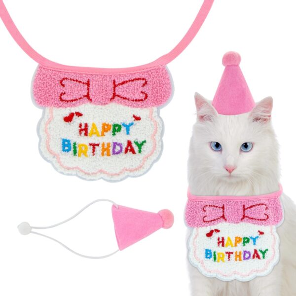 Small Dog Cat Birthday Hat Scarf Set, Cute Pet Birthday Bandana Party Supplies, Cat Birthday Outfit, Puppy Happy Birthday Decorations, Pet Birthday Accessories A6-CWSRZB(Pink)