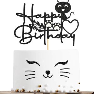 Sotpot Cat Cartoon Happy Birthday Cake Topper 1PCS Black Glitter Kitten Baby Birthday Cake Picks for Cat Kitten Theme Baby Shower Kids Birthday Decoration Supplies