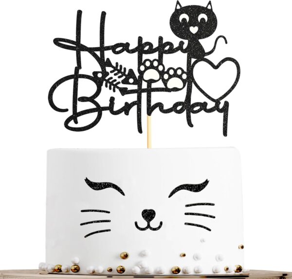 Sotpot Cat Cartoon Happy Birthday Cake Topper 1PCS Black Glitter Kitten Baby Birthday Cake Picks for Cat Kitten Theme Baby Shower Kids Birthday Decoration Supplies