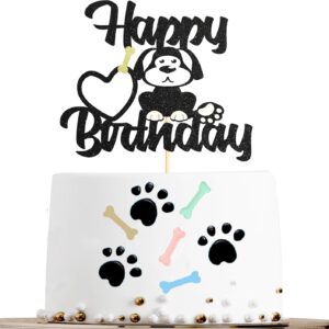 Sotpot Dog Puppy Happy Birthday Cake Topper 1 PCS Black Glitter Pet Theme Bday Party Cake Supplies for Dog Sign Theme Baby Shower Kids Birthday Supplies