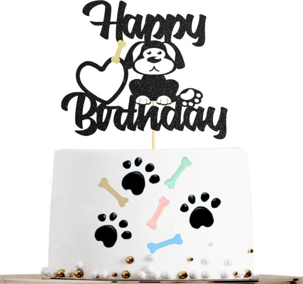 Sotpot Dog Puppy Happy Birthday Cake Topper 1 PCS Black Glitter Pet Theme Bday Party Cake Supplies for Dog Sign Theme Baby Shower Kids Birthday Supplies