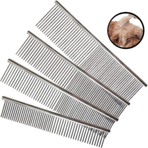 Stainless Steel Pet Comb, 4 Pack Pet Grooming Steel Comb with Rounded Teeth, Metal Comb For Dogs, Cats and Other Pets with Tangled Short/Long Hair (16 x 2.5cm, 19 x 3cm, 19 x 4cm, 19 x 5cm)