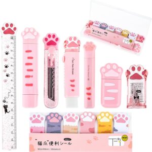 TIESOME 9 Pcs Cute Cat Paw Stationery Set, Cartoon Kawaii Pencil Sharpener Retractable Eraser Correction Tape Sticky Notes Ruler Mini Scissors Utility Cutter School Supplies for Cat Lovers(Pink)